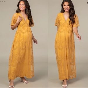 PinkBlush Mustard Yellow Lace Overlay Maternity Maxi Dress Medium Boho
